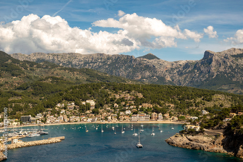 Port de Sóller is a picturesque coastal town with a harbor in the middle of Tramontana mountains, northwest of Mallorca, Balearic Islands, Spain