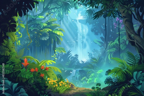 a jungle filled with vibrant colors and lush greenery