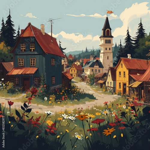 eastern european village house with a big garden, flowers in the garden, cuphead style, flat vector illustration photo