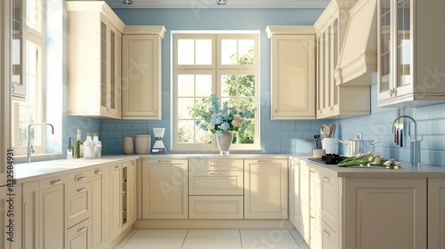 a light-filled traditional kitchen with beige cabinetry and soft blue accents, creating a space of airy sophistication and comfort