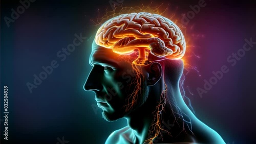 human brain anatomy, Human brain digital. Electrical activity, flashes and lightning ai generated.