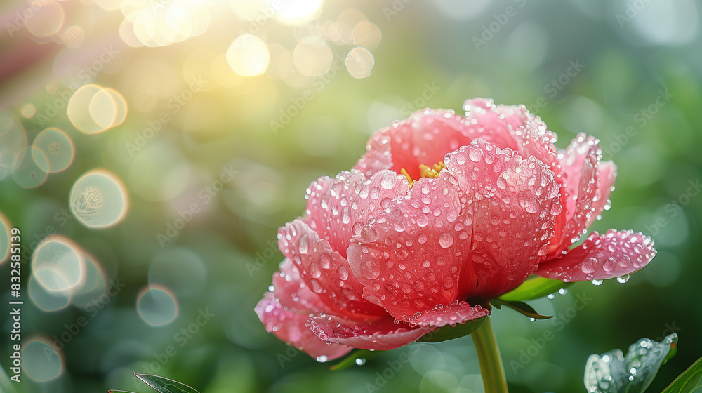 Peony flower, water drops, bokeh background, copy space Peony flower, water drops, bokeh background, copy space