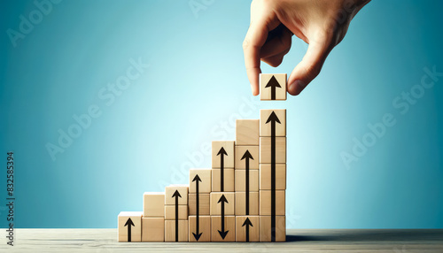 Hand Placing Final Wooden Block In Staircase Pattern With Arrows Representing Business Growth And Success High-Resolution Ai Generated