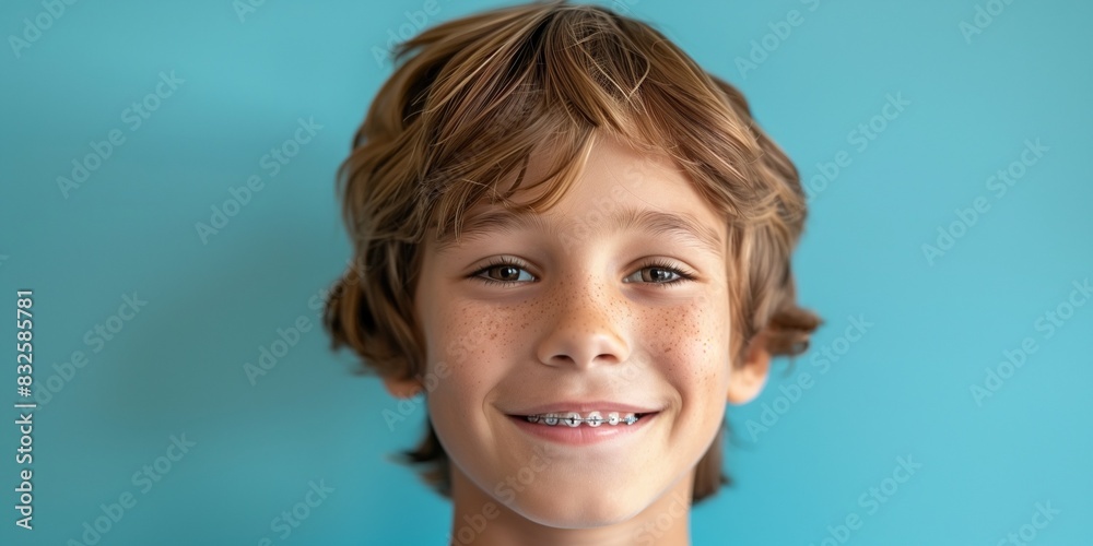 close up of a young smiling boy with braces isolated on blue background close up of a young smiling boy with braces isolated on blue background