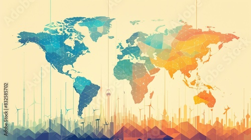 Abstract illustration of Renewable energy world map. Sustainability concept