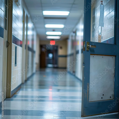 Empty school hallway with open classroom door  neon lights and clean tiled floor. Perfect for education or architecture themes