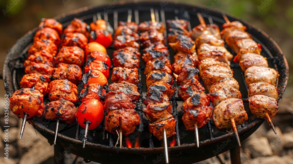 Delicious grilled meat skewers on a barbecue grill, perfect for a summer cookout and outdoor gatherings. Delicious grilled meat skewers on a barbecue grill, perfect for a summer cookout and outdoor gatherings.