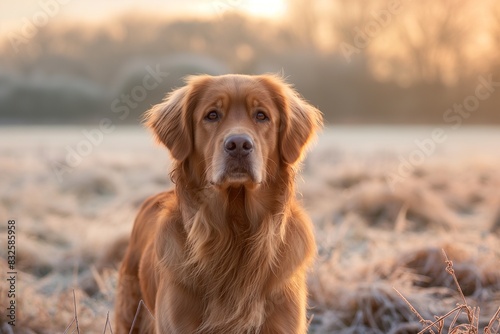 A photo of a beautiful brown dog standing in a meadow, facing the camera, bathed in dappled sunlight. The serene setting highlights the dog's calm and content expression. © Mark G