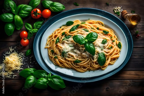 Spaghetti with tomato sauce and mint leaves in a plate.