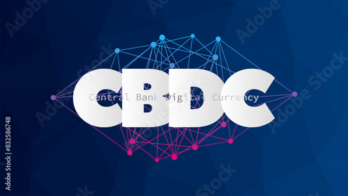 CBDC money on blue pink gradient background. Central Bank Digital Currency vector. Network pattern. Web banner template design