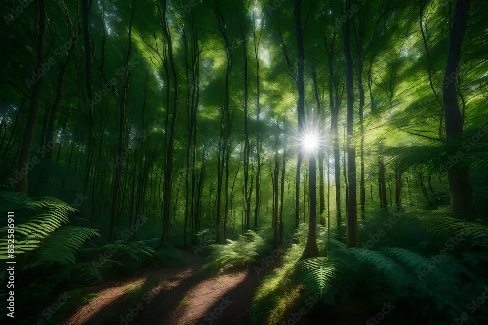Sun rays in forest during morning.