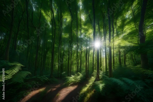 Sun rays in forest during morning.