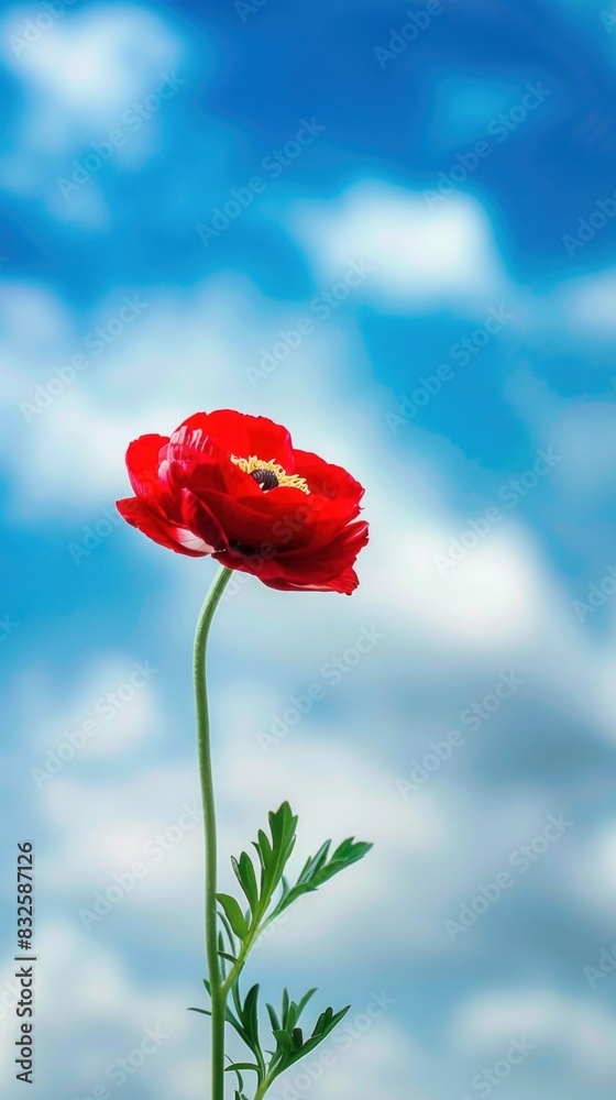 Naklejka premium Beautiful ranunculus blossoms with blue sky background, highlighting vivid colors.