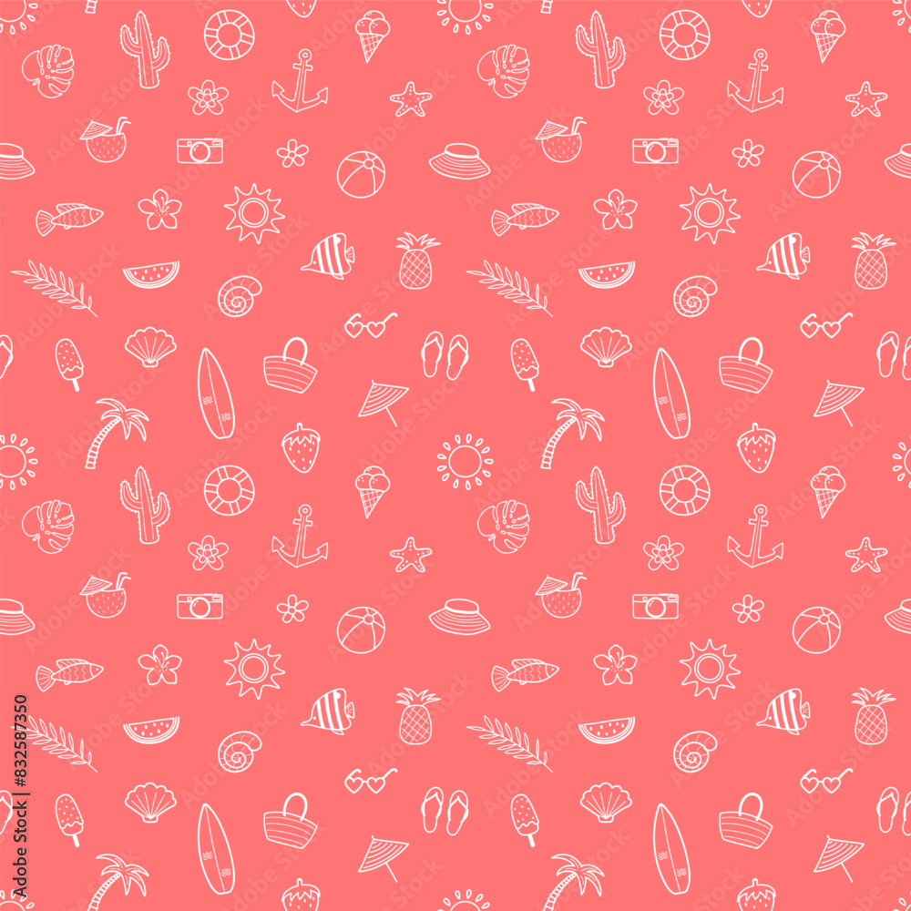 Abstract background with hand drawn summer icons. Seamless pattern. Vector illustration