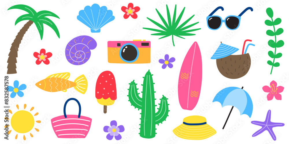 Cute hand drawn summer icon set. Background with cartoon holiday stickers. Vector illustration