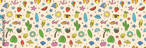Cute cartoon summer background with hand drawn elements. Seamless pattern. Vector illustration