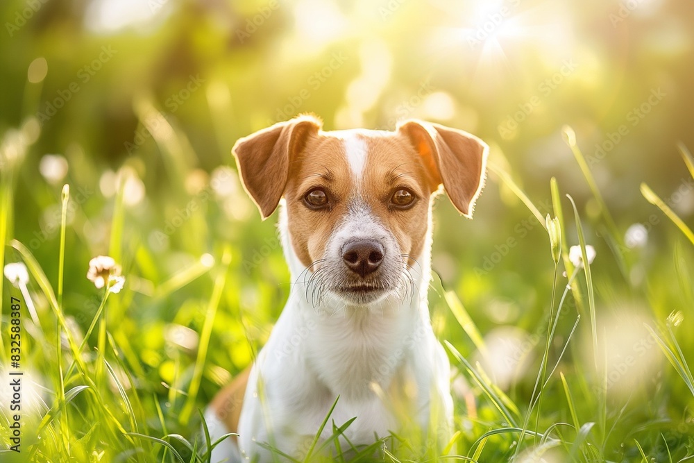 A photo of a beautiful Jack Russell terrier dog standing in a meadow, facing the camera, bathed in dappled sunlight. The serene setting highlights the dog's calm and content expression. A photo of a beautiful Jack Russell terrier dog standing in a meadow, facing the camera, bathed in dappled sunlight. The serene setting highlights the dog's calm and content expression.