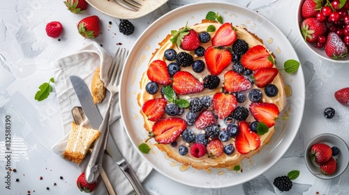 Summer pancake with berries on white plate. Food top view