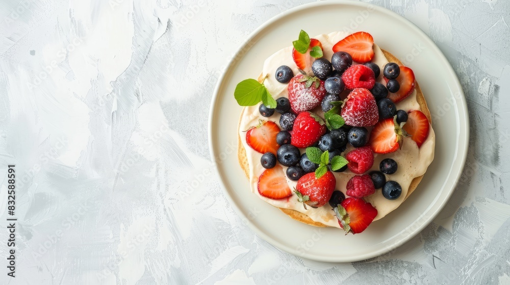 Summer pancake with berries on white plate. Food top view Summer pancake with berries on white plate. Food top view