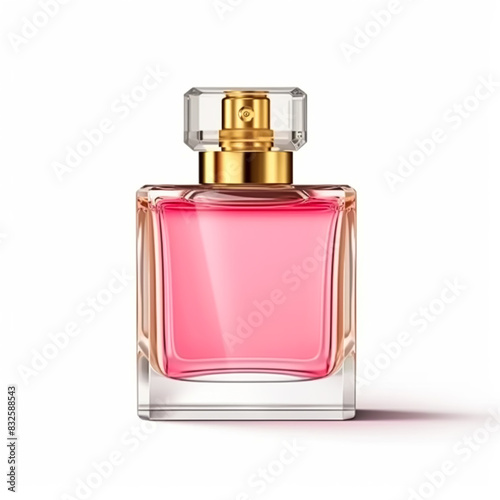 Womens pink perfume bottle isolated on white background, elegant fragrance and luxury floral scent, post-processed, generative ai