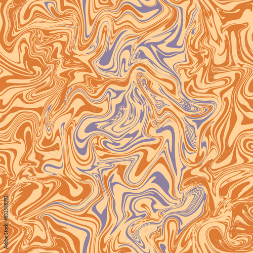 Groovy swirl vector seamless pattern. Orange and purple wavy background in psychedelic retro 1970s aesthetic. Distorted liquid marble texture. Abstract trendy surface design. Fluid acrylic art effect