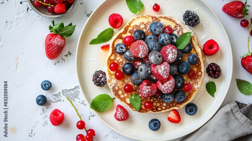 Summer pancake with berries on white plate. Food top view Summer pancake with berries on white plate. Food top view