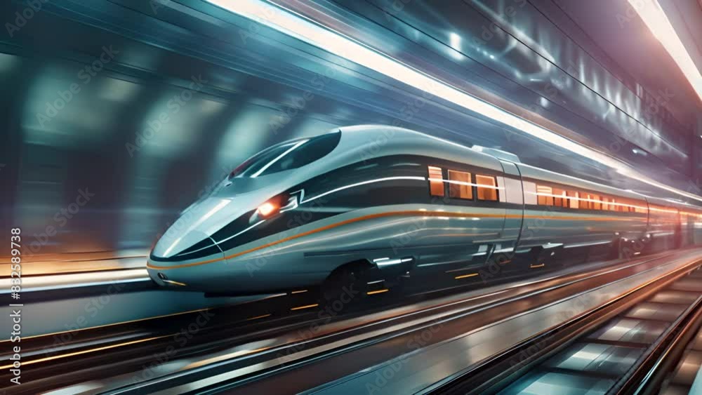 A futuristic double exposure artwork featuring a sleek bullet train traversing a hyperloop tunnel, its speed blurring the lines between reality and imagination.