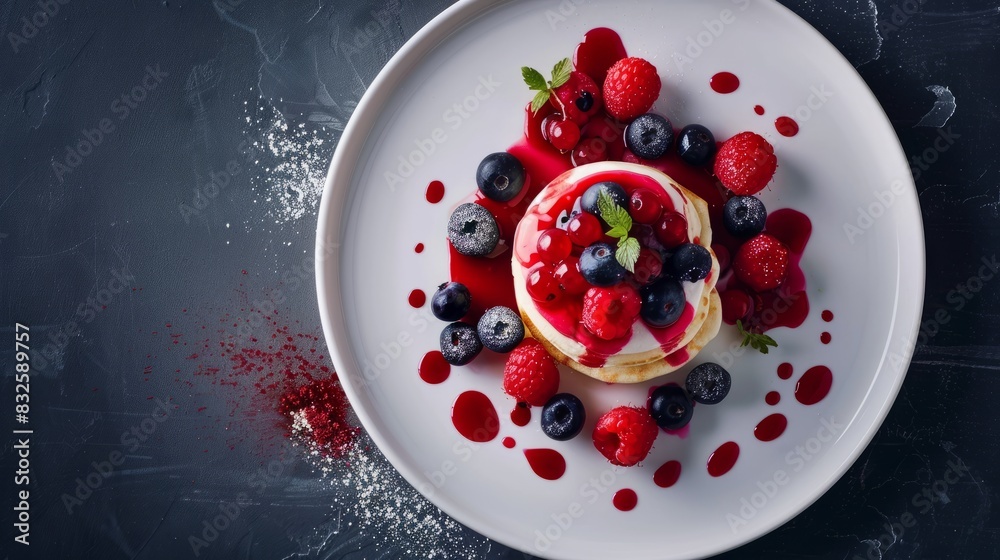 Summer pancake with berries on white plate. Food top view Summer pancake with berries on white plate. Food top view