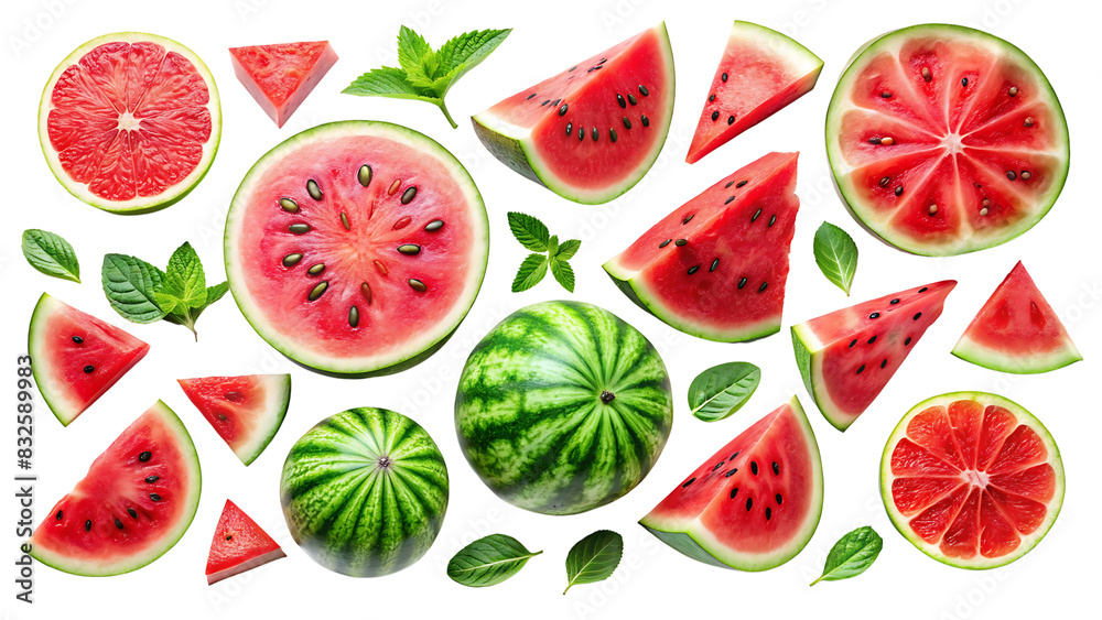 Set of Watermelon in Various Styles: Sliced, Chopped, and Whole on Transparent Background.
Set of Watermelon in Various Styles: Sliced, Chopped, and Whole on Transparent Background.