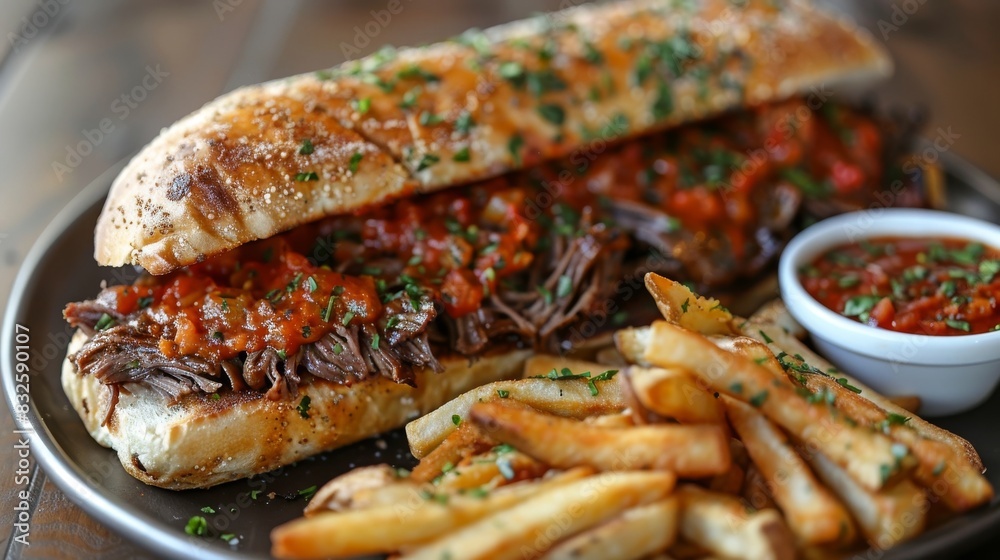 Delicious sub sandwich with savory roast beef and tomato relish served alongside crispy golden fries. Delicious sub sandwich with savory roast beef and tomato relish served alongside crispy golden fries.