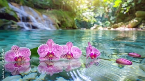 Beautiful orchid flowers gracefully submerged in clear  flowing water  showcasing their elegant beauty and tranquility.