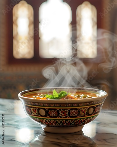 Savoring the Aroma of Ramadan Tradition A Closeup of a Steaming Bowl of Iftar Soup