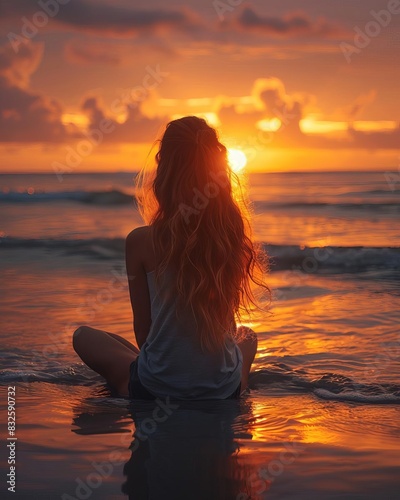A woman sits calmly on the beach at sunset, reflecting on the beauty of the ocean waves and the stunning colors of the sky. © Arnon  Parnnao