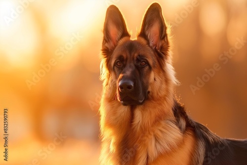 A photo of a beautiful German shepherd dog standing in a meadow, facing the camera, bathed in dappled sunlight. The serene setting highlights the dog's calm and content expression.