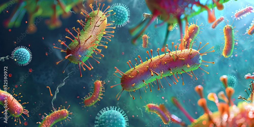 Naklejka premium Bacterial Endotoxin Release: High-resolution view of bacterial endotoxins being released, triggering inflammatory responses in host cells