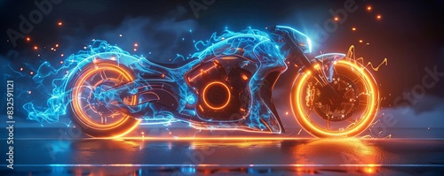 Futuristic neon motorcycle with glowing blue and orange lights in a digital cyberpunk scene, perfect for concept art and sci-fi themes photo