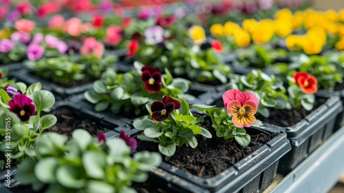 A seedling tray filled with rows of vibrant flowers ready to brighten up any garden. © Justlight