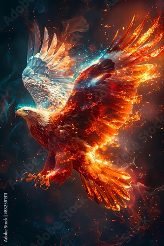 Spectacular digital art of a fiery phoenix rising from the ashes  symbolizing rebirth  power  and transformation in a celestial background.