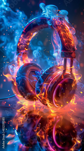 Vibrant headphones afire with energetic flames and smoke, showcasing dynamic creativity and audio fervor. Ideal for music and tech imagery.