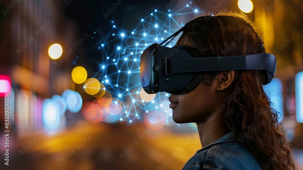 Black woman wearing a VR headset with glowing lines and bright colors. Black woman wearing a VR headset with glowing lines and bright colors.