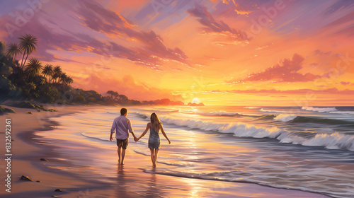 A colorful beach sunset painting the sky with couple