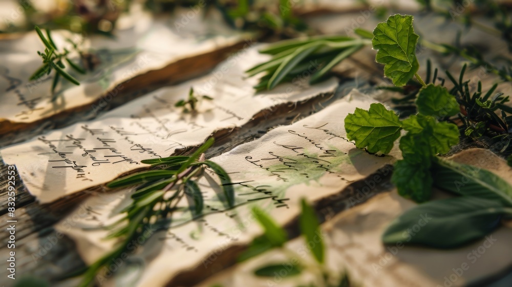 Obraz premium Delicate paper flags with herb names written in calligraphy