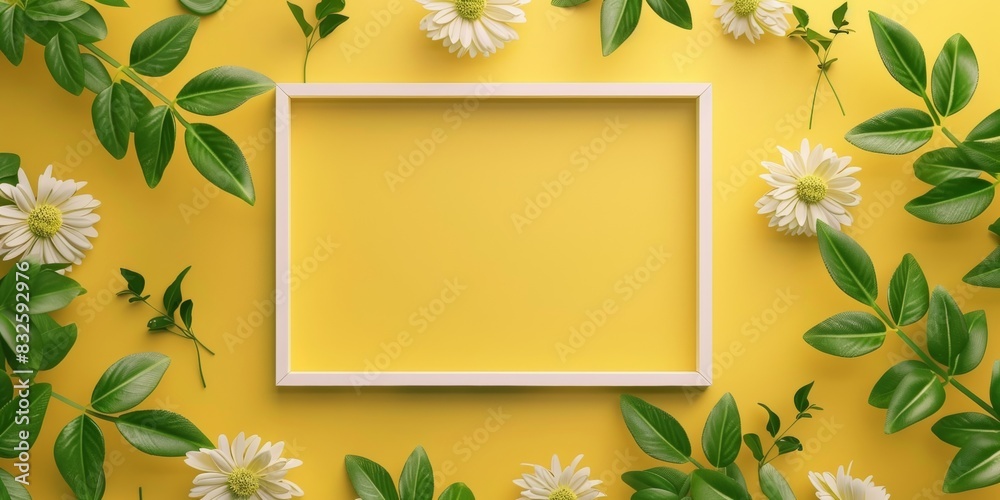 Empty frame with flowers on a yellow background Empty frame with flowers on a yellow background