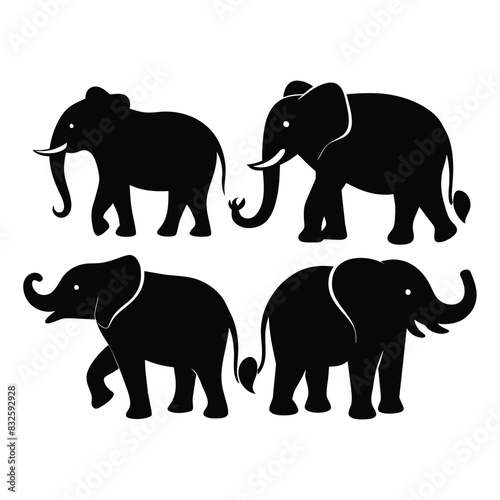 Set of Borneo Elephant animal black silhouettes vector on white background