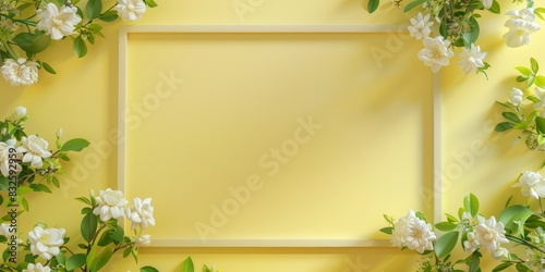 Empty frame with flowers on a yellow background photo