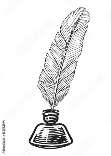 Feather quill in inkwell. Vin...Feather quill in inkwell. Vintage pen and glass bottle of ink for writing. Hand drawn clipart drawing