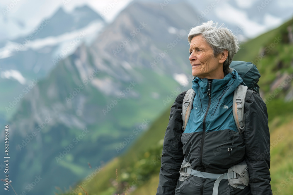 Resilient Senior Woman Hiking with Determination in Mountain Landscape - Embracing Strength and Beauty of Aging Gracefully