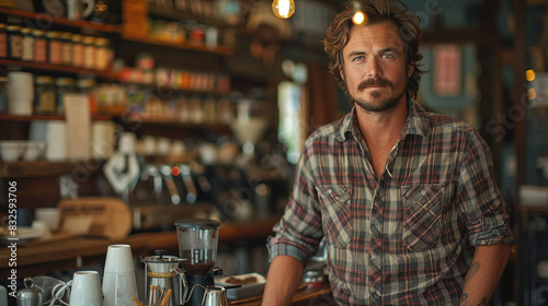 portrait of young hipster business owner wearing vintage clothing in front of his coffee store