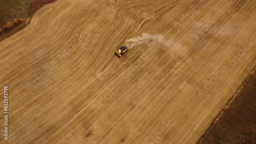 High aerial combine harvester working in an agriculture field cinematic shot with dust trail and crop swaths.
 photo