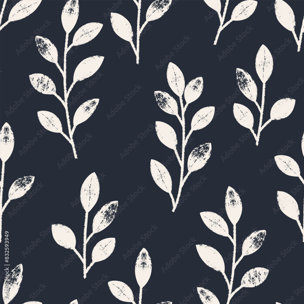 Seamless pattern with branches and leaves on navy blue. Hand drawn floral botanical design. Modern print for textile, fabric, wallpaper, wrapping, scrapbook and packaging Seamless pattern with branches and leaves on navy blue. Hand drawn floral botanical design. Modern print for textile, fabric, wallpaper, wrapping, scrapbook and packaging